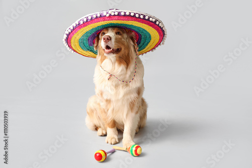 Funny dog in sombrero hat a...