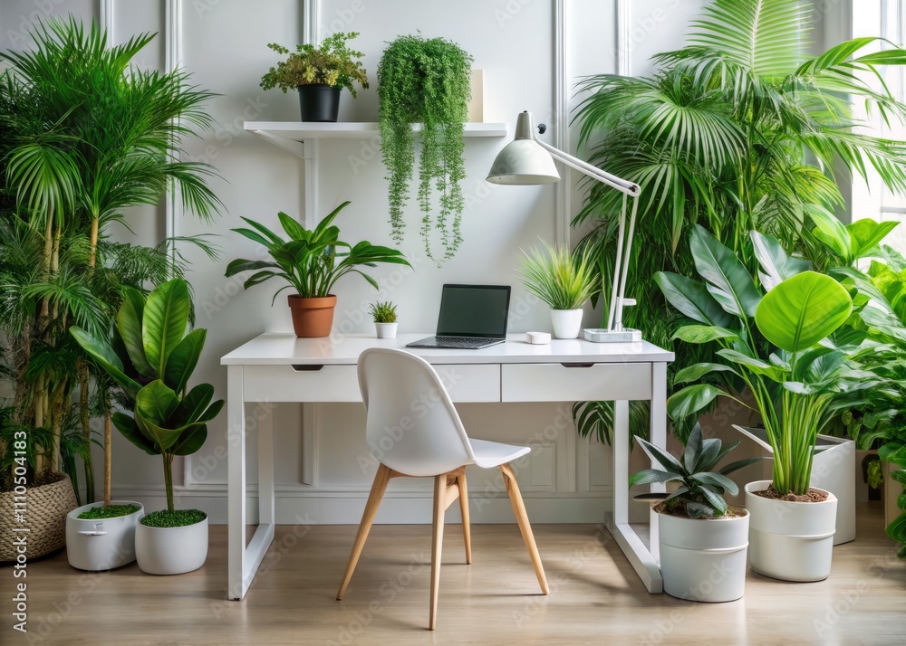 Fototapeta premium Modern Stylish Desk Interior with White Table and Green Plants, Perfect for a Chic Home Office Setup, Emphasizing Minimalism and Natural Elements for a Productive Atmosphere