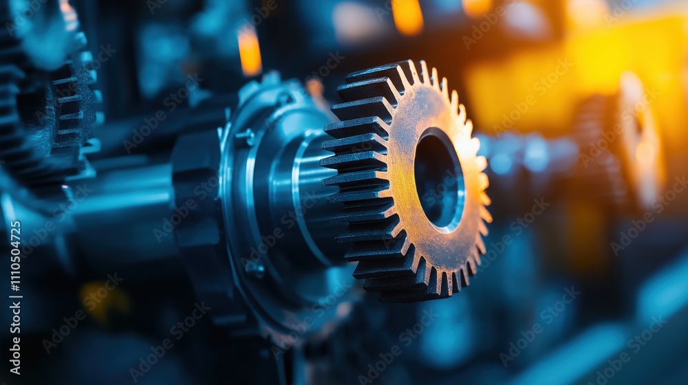 A close-up of a metallic gear, showcasing intricate details and textures, with soft lighting highlighting its surface and surrounding machinery. A close-up of a metallic gear, showcasing intricate details and textures, with soft lighting highlighting its surface and surrounding machinery.