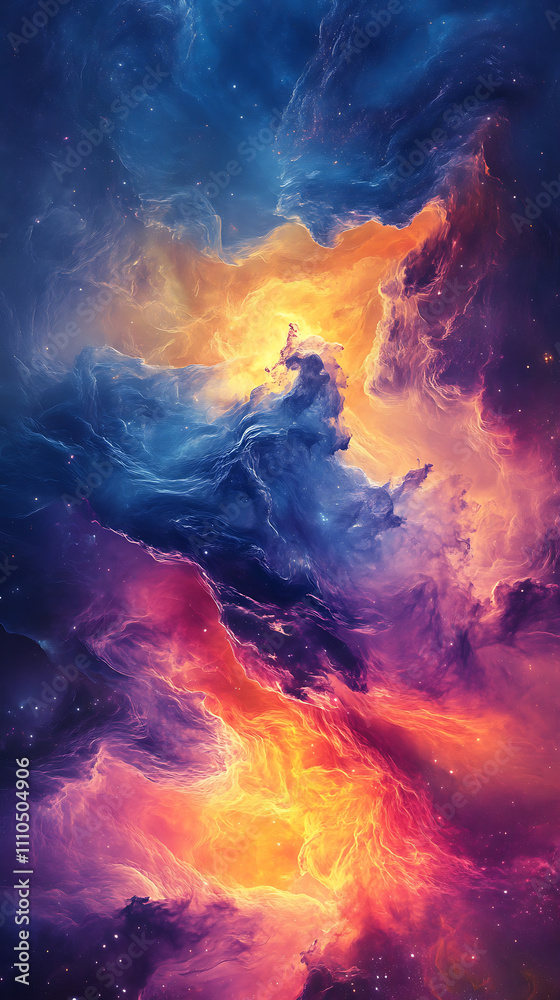 A vibrant nebula showcasing swirling colors of blue, orange, and purple in a cosmic scene. A vibrant nebula showcasing swirling colors of blue, orange, and purple in a cosmic scene.