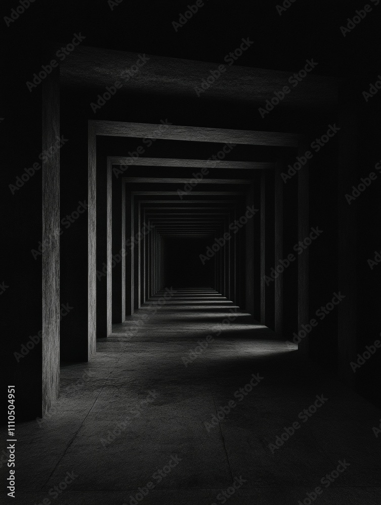 Mysterious dimly lit hallway with deep shadows and perspective Mysterious dimly lit hallway with deep shadows and perspective