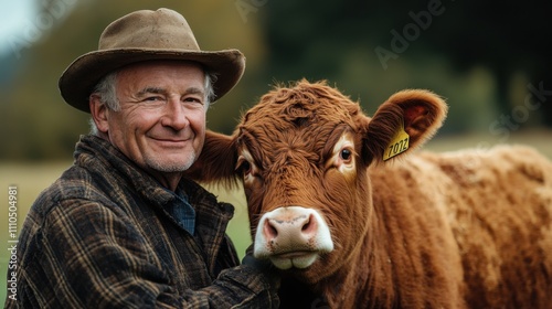 Happy farmer with cowboy hat standing beside friendly cow in rural landscape, agricultural lifestyle, livestock, outdoor portrait, warm connection, countryside charm.