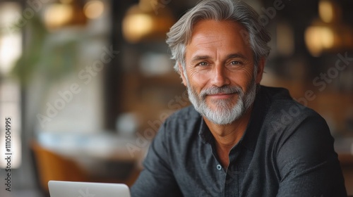 Sophisticated older man with gray beard using laptop in vintage-style leather chair, relaxed atmosphere, professional senior, intellectual lifestyle, indoor study, work from home.