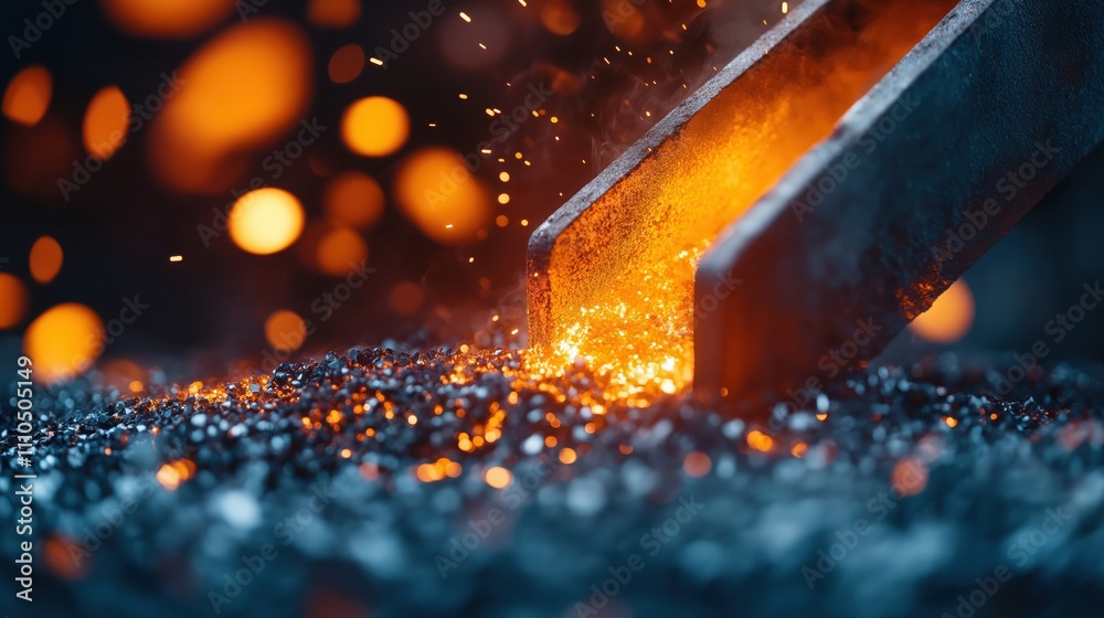 Obraz premium A close-up view of molten metal being poured, with glowing sparks and a dark background, showcasing the intense heat and dynamic movement of metalworking.