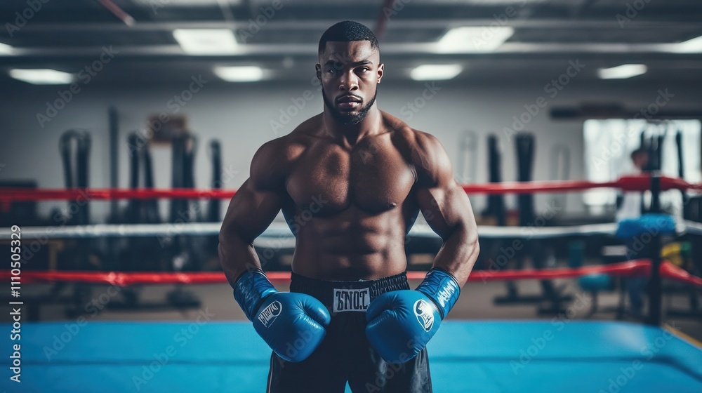 A man standing confidently in the middle of a boxing ring with blue boxing gloves resting at his sides the ring ropes A man standing confidently in the middle of a boxing ring with blue boxing gloves resting at his sides the ring ropes