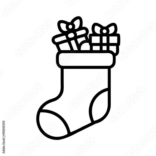 christmas stocking with gifts Outline Icon, christmas icon - Black outline icon of christmas stocking with gifts symbolizing Christmas, holidays, and festive in simple design.