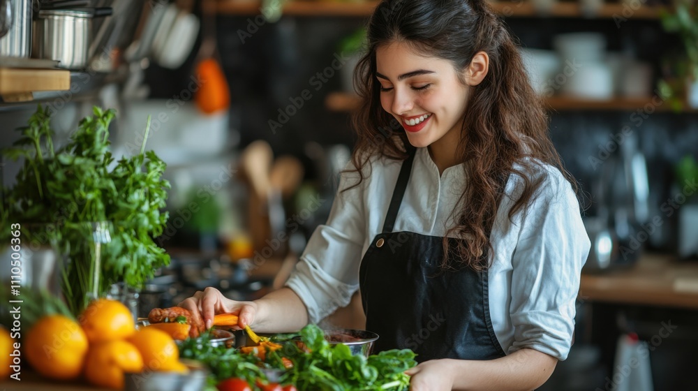 Happy woman smiling in cozy kitchen, preparing fresh ingredients for cooking, home-cooked meal, cheerful lifestyle, natural light, healthy eating, vibrant atmosphere, culinary joy. Happy woman smiling in cozy kitchen, preparing fresh ingredients for cooking, home-cooked meal, cheerful lifestyle, natural light, healthy eating, vibrant atmosphere, culinary joy.