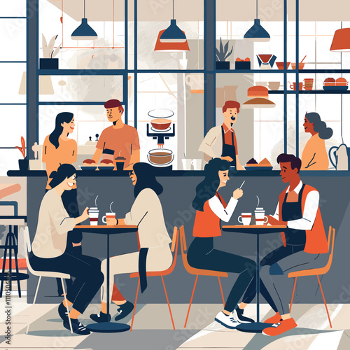 Modern Café Scene with Friends Enjoying Coffee and Conversations in a Bright Atmosphere