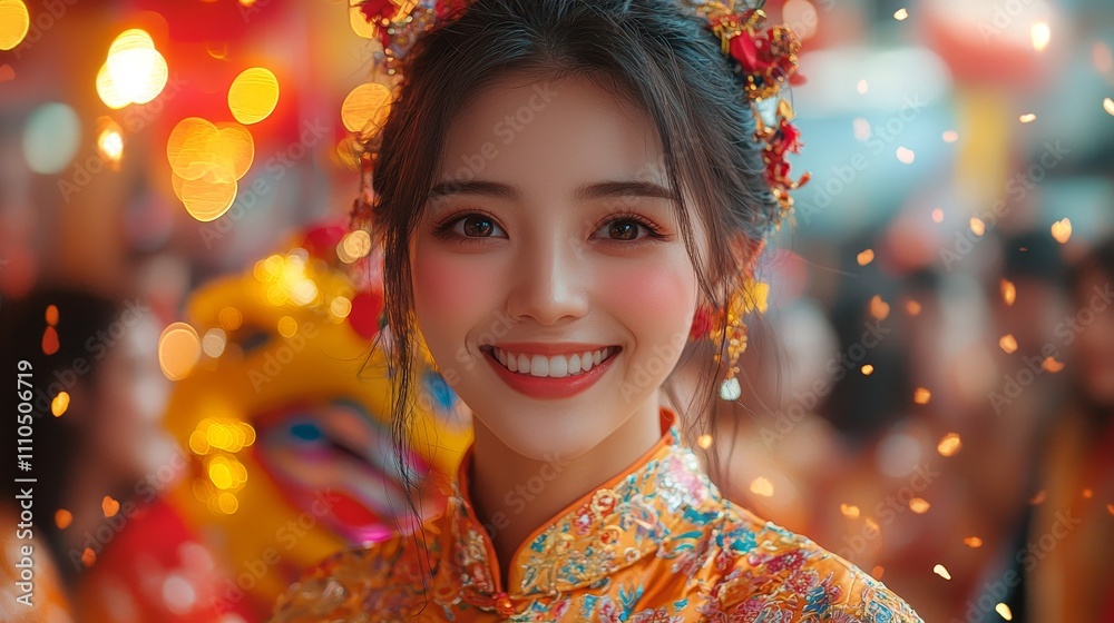 Joyful woman in traditional attire smiling amid vibrant festival atmosphere Joyful woman in traditional attire smiling amid vibrant festival atmosphere