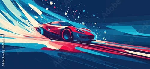 Dynamic red sports car racing through abstract blue and red background, showcasing speed and motion, copy space for text photo