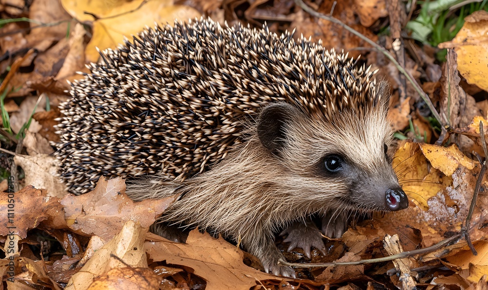 Fototapeta premium hedgehog close up detail in pile of autumn leaves