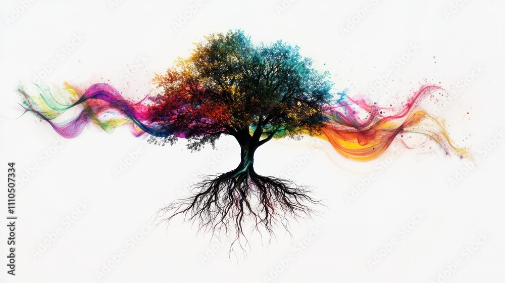 Obraz premium A surreal representation of a quantum tree with its roots intertwined with colorful waves of energy, illustrating