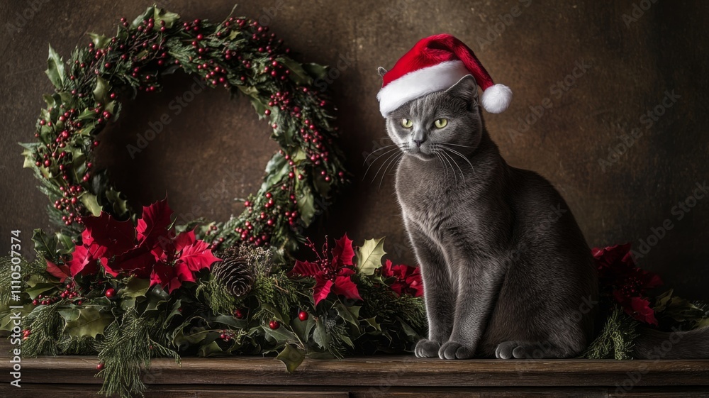 Obraz premium A Gray Cat Wearing a Santa Hat Poses with Holiday Decorations