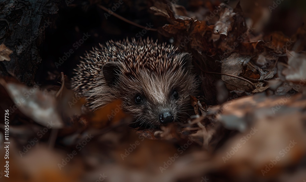 Fototapeta premium hedgehog close up detail in pile of autumn leaves