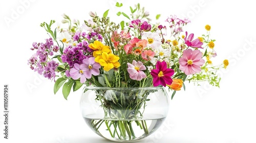 Beautiful flower arrangement in transparent ceramic vase on isolated white background.