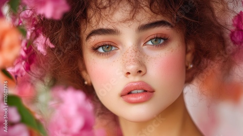 A close-up portrait of a young woman surrounded by colorful flowers, highlighting her radiant skin and expressive eyes, Ideal for beauty, fashion, or wellness projects,