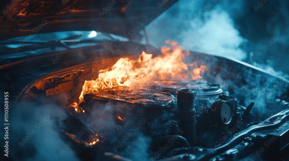 Car engine engulfed in flames with heavy smoke, emergency vehicle breakdown, dangerous accident, fire under hood, automotive hazard, mechanical failure, dramatic scene. Car engine engulfed in flames with heavy smoke, emergency vehicle breakdown, dangerous accident, fire under hood, automotive hazard, mechanical failure, dramatic scene.