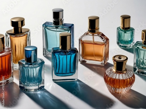 Exquisite perfume bottles on white background in vintage style