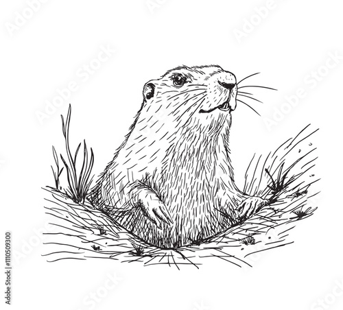 Sketch animal groundhog in the hole. Funny marmot crawled out of earthen hole. illustration for poster, banner, card. Groundhog Day
