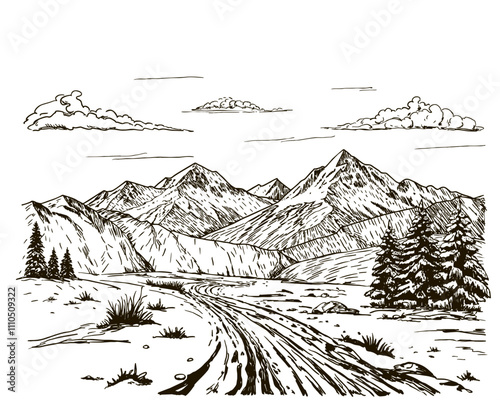 Hand drawn Mountains sketch background with hills with conifers. Ink sketch. Wildlife. Tourism and travel. For prints, postcards, posters