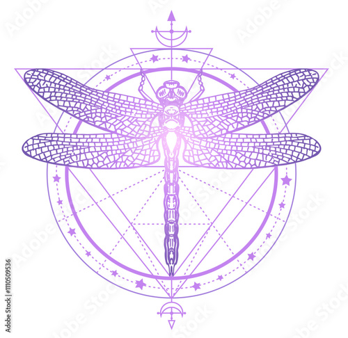 Sacred geometric pattern and hand drawn dragonfly. Dragonfly tattoo. Mystical symbols and insects sketch. Alchemy, astrology,  religion, occultism, spirituality