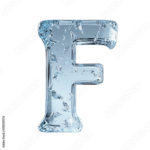 letter F in the shape of ice, ice typography letter font illustration isolated on white & transparent a background.