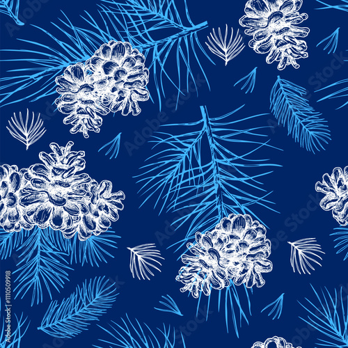 Winter plants seamless pattern. Vintage winter flowers, evergreen, conifers plants. hand drawn botanical elements. For wrapping paper, greeting cards