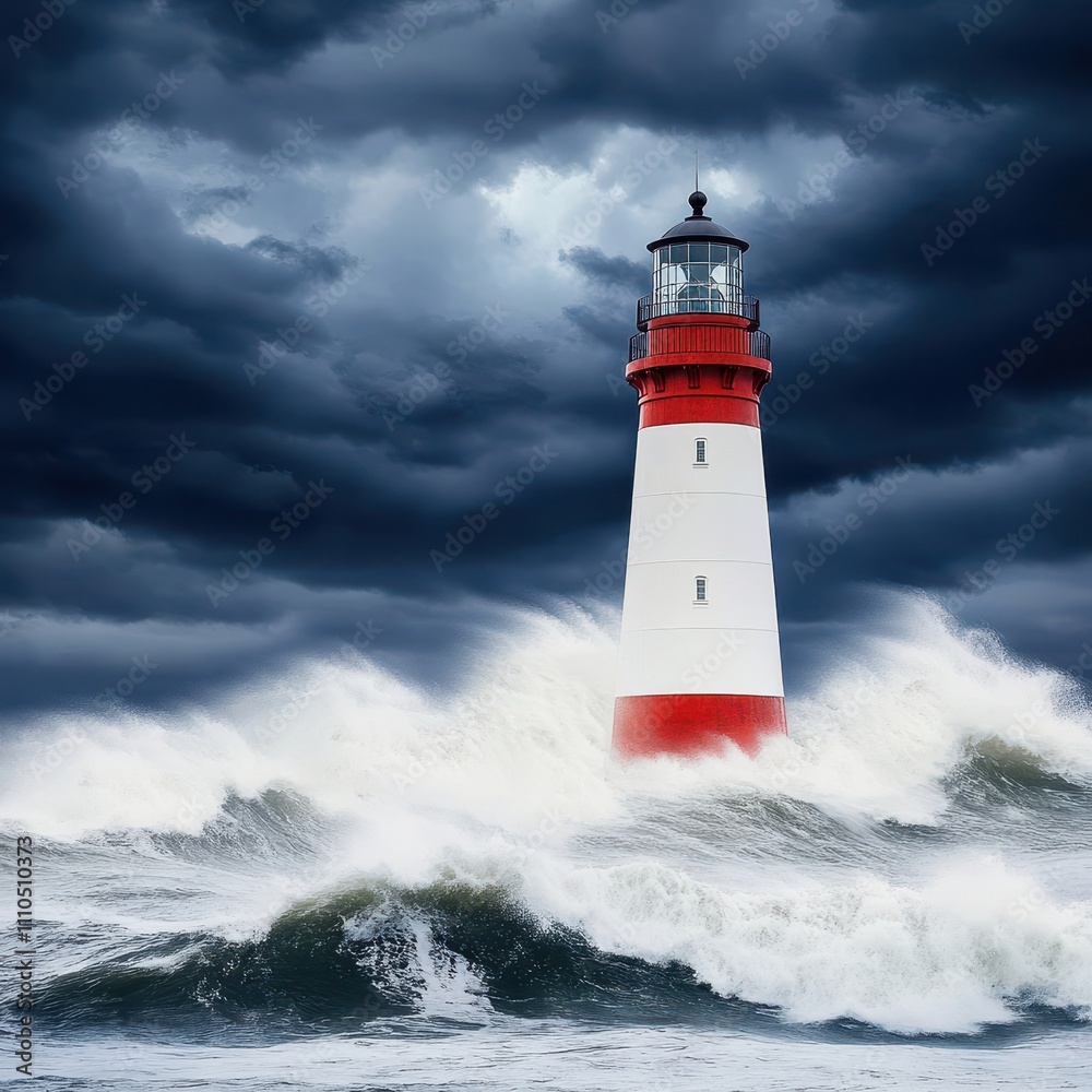 A striking lighthouse stands resilient against towering waves under a stormy sky, symbolizing safety amidst chaos. A striking lighthouse stands resilient against towering waves under a stormy sky, symbolizing safety amidst chaos.