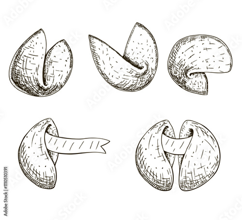 Hand drawn chinese fortune cookie isolated on white backgrounds. Illustration crispy biscuit treat set. Crisp cookie with a blank piece of paper inside