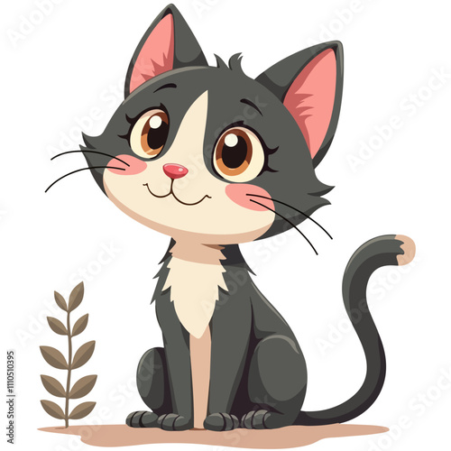 New Year illustration of a gray cute kitten on the brown ground, a plant growing nearby