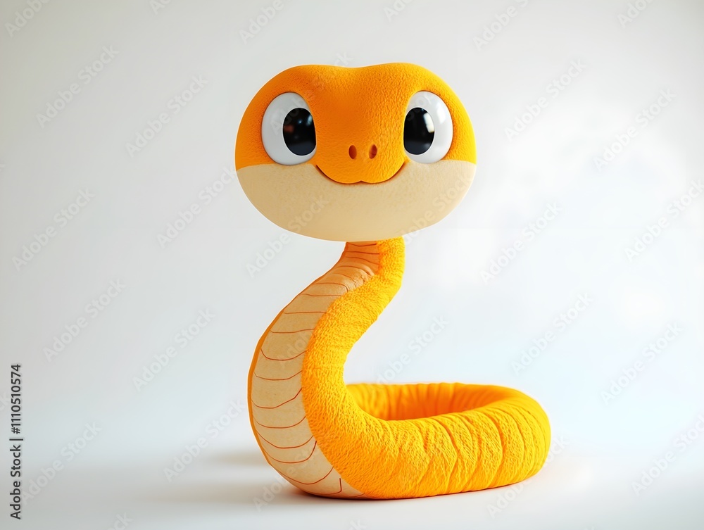 Fototapeta premium A cute cartoon snake plush toy features a chubby body, big eyes, and a smiling expression
