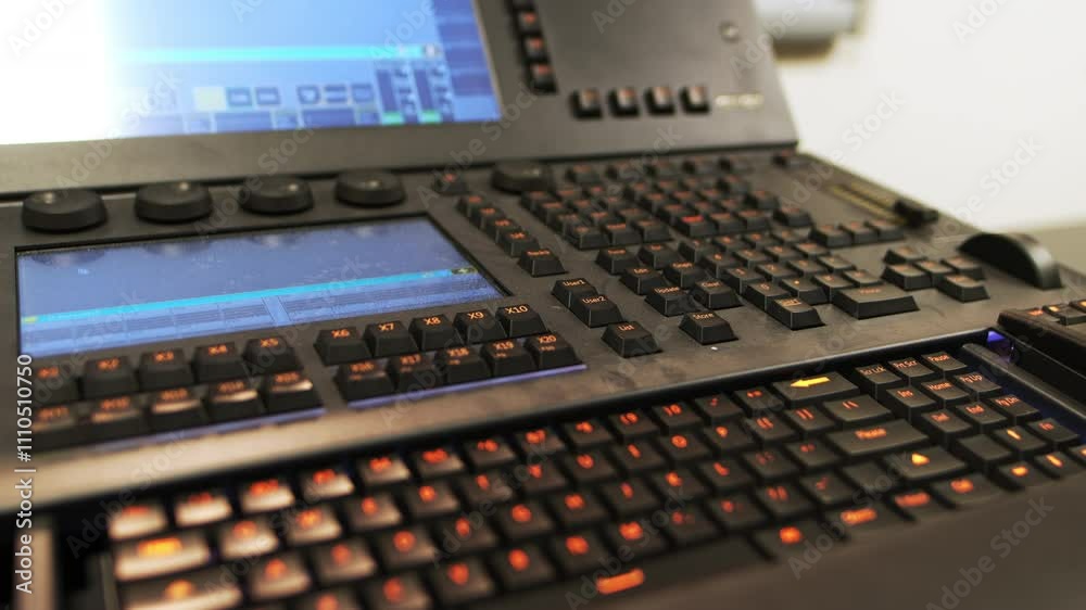 Sound console with keyboard and monitors for audio control. Mixer channels with different volume controls change characteristics of sound Sound console with keyboard and monitors for audio control. Mixer channels with different volume controls change characteristics of sound