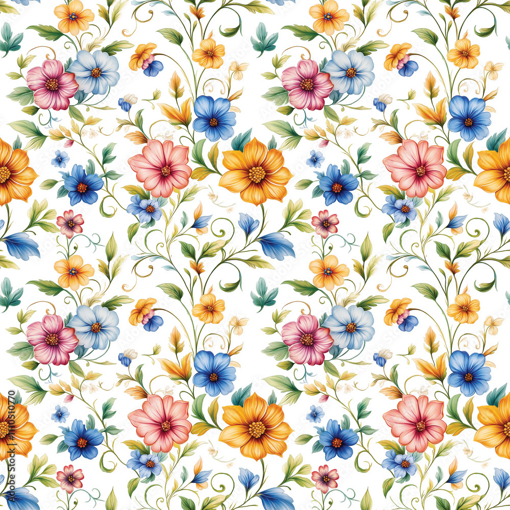 Fototapeta premium Seamless flowers in a flat vector style on a white background