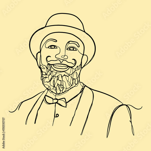 Classic man with hat and mustache beard, detailed vector line art