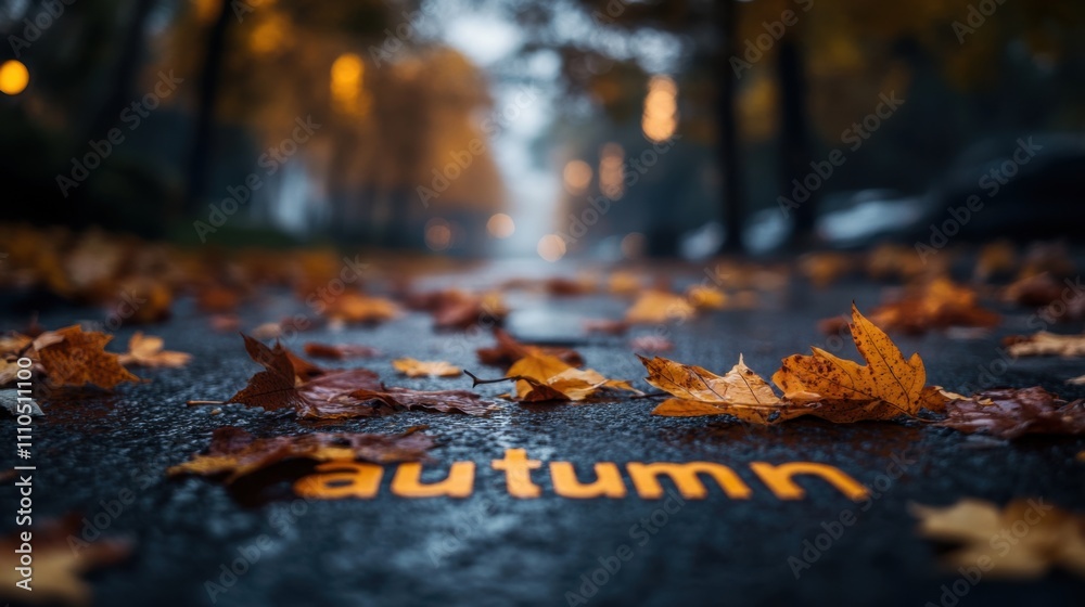 Autumn leaves scattered on a wet street with blurred lights in the background, “autumn” text on pavement, moody seasonal atmosphere, golden hues, rainy day. Autumn leaves scattered on a wet street with blurred lights in the background, “autumn” text on pavement, moody seasonal atmosphere, golden hues, rainy day.