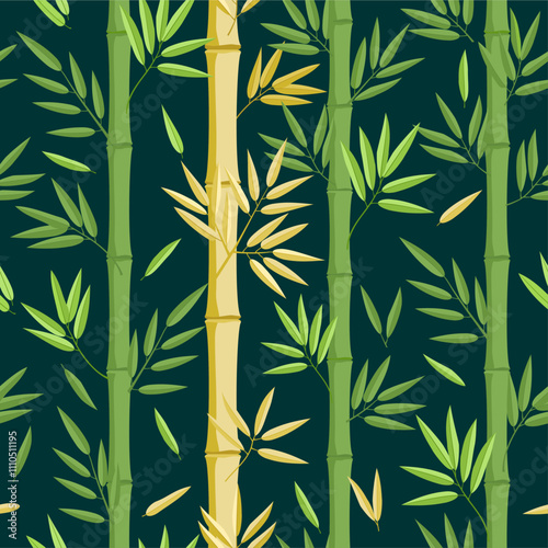 Vertical bamboo seamless pattern with with green and yellow color. Bamboo stalks. Bamboo leaf pattern on a dark background. Beautiful Asian nature