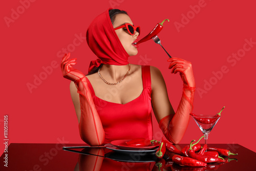 Sexy young woman in red out...
