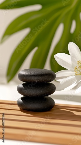 A tranquil arrangement of three stacked black stones beside a white flower and green leaf, evoking a sense of calm and balance.