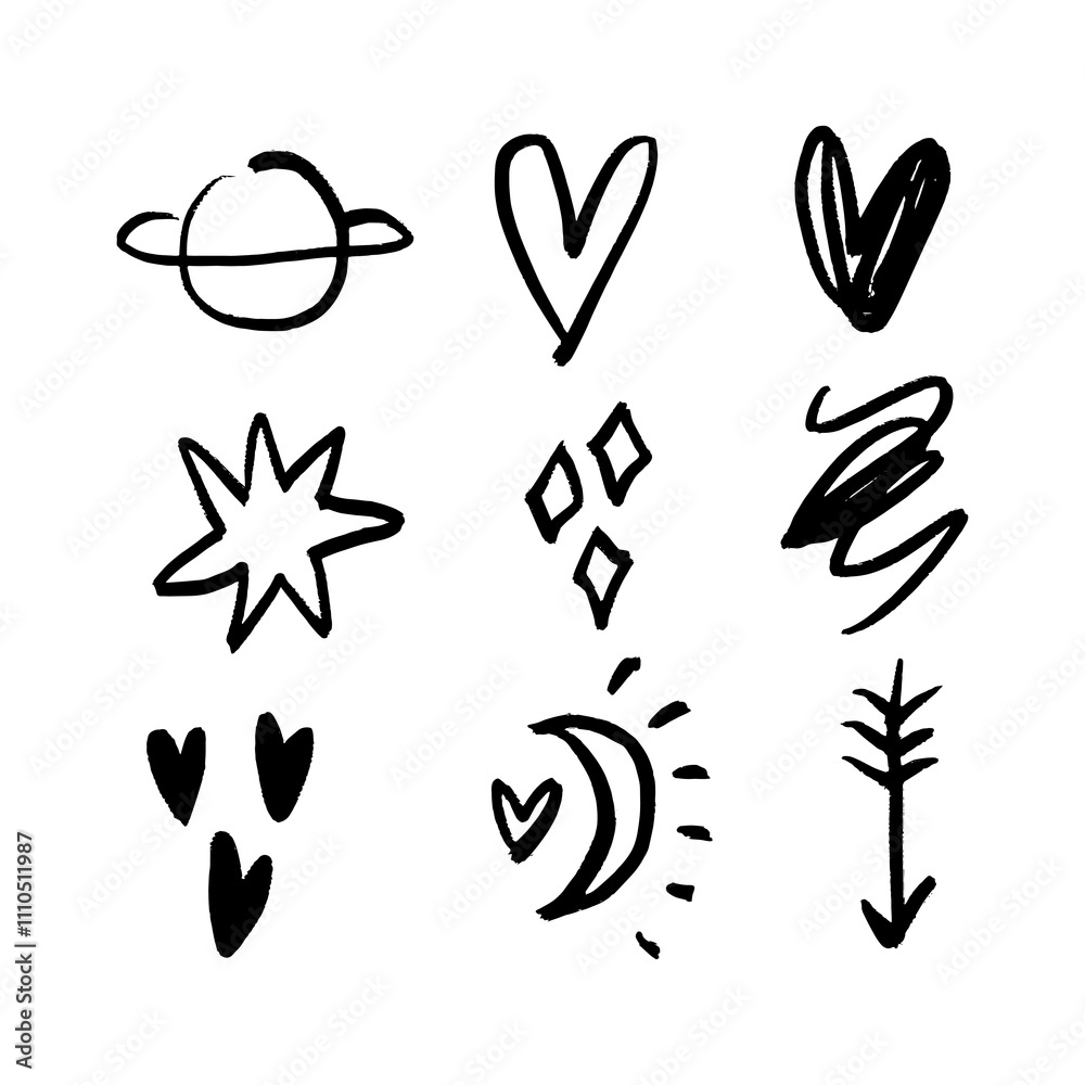 Black grunge hearts, stars, moon, planet Saturn and more arrows and sparkles set collection brush vector hand drawn symbol cute heart illustration clipart. Love Valentine symbol. Decor elements for Black grunge hearts, stars, moon, planet Saturn and more arrows and sparkles set collection brush vector hand drawn symbol cute heart illustration clipart. Love Valentine symbol. Decor elements for