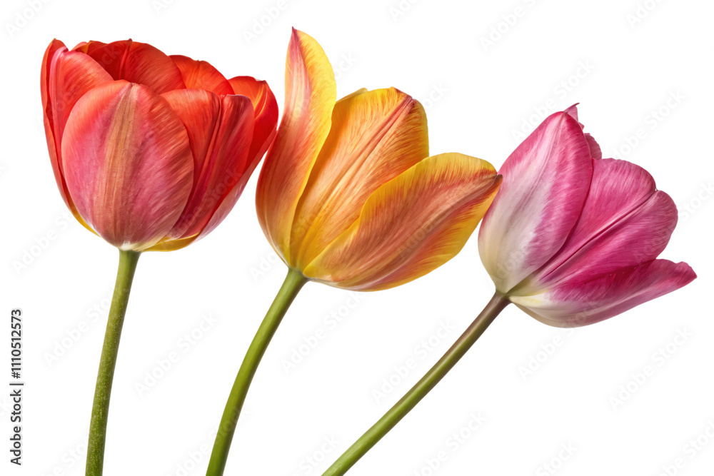 Obraz premium A minimalistic trio of tulips in fiery red, golden yellow, and soft pink tones, standing gracefully with vivid green stems, isolated on a transparent background