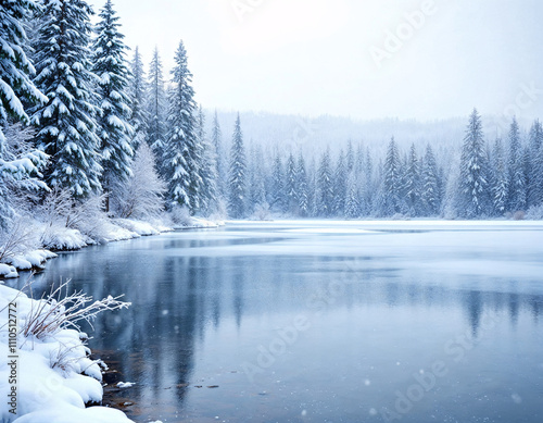 Winter landscape featuring a serene lake surrounded by tall snow-covered trees in a tranquil forest setting during a snowfall