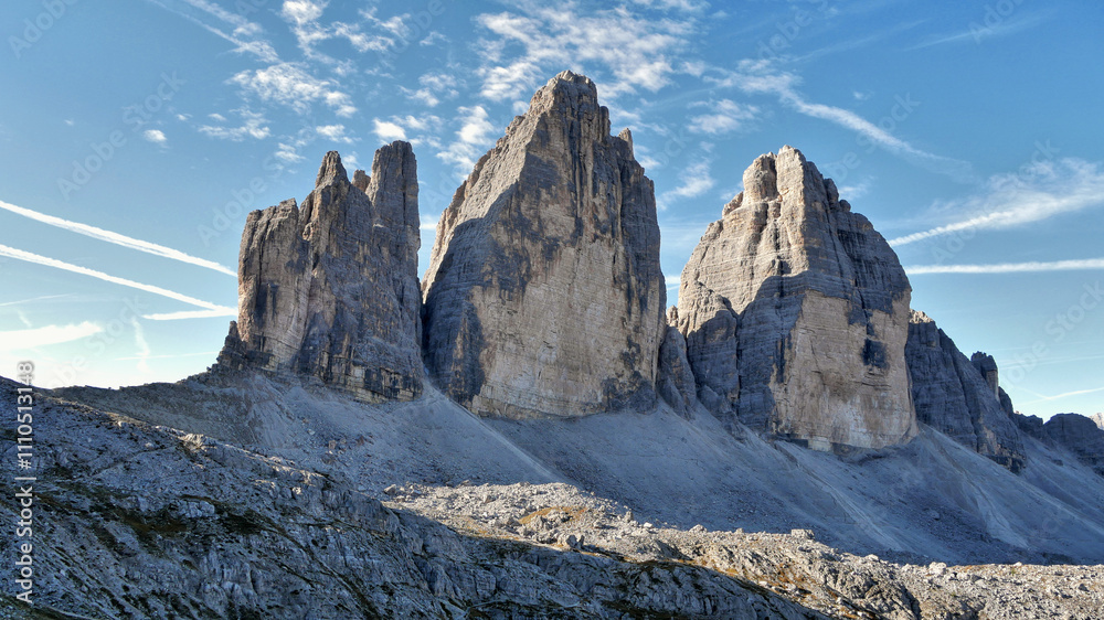 Tre Cime high iconic rocks in Italian Dolomites autumn landscape Tre Cime high iconic rocks in Italian Dolomites autumn landscape