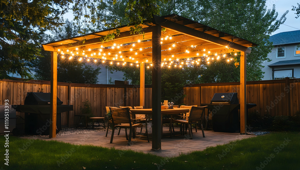 Elegant outdoor dining setup under a canopy of string lights Elegant outdoor dining setup under a canopy of string lights