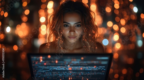 Confident young woman illuminated by glowing orange bokeh, staring at a laptop screen with code, symbolizing technology, coding, innovation, and inspiration.