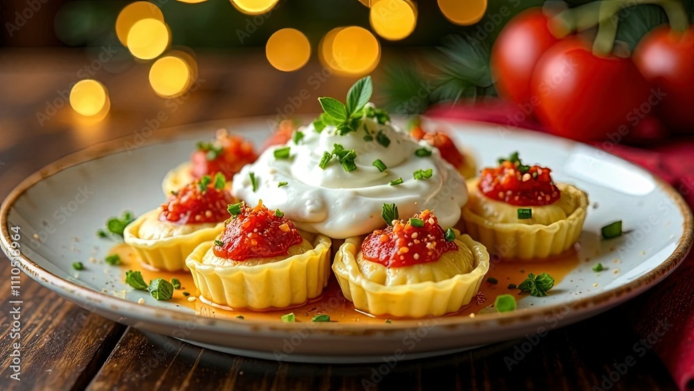 Russian pelmeni with sour cream, holiday setting, cozy lights Russian pelmeni with sour cream, holiday setting, cozy lights