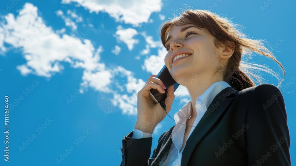 A stylish young woman, dressed in a business suit, beams with joy as she converses on her cell phone against azure skies. A stylish young woman, dressed in a business suit, beams with joy as she converses on her cell phone against azure skies.