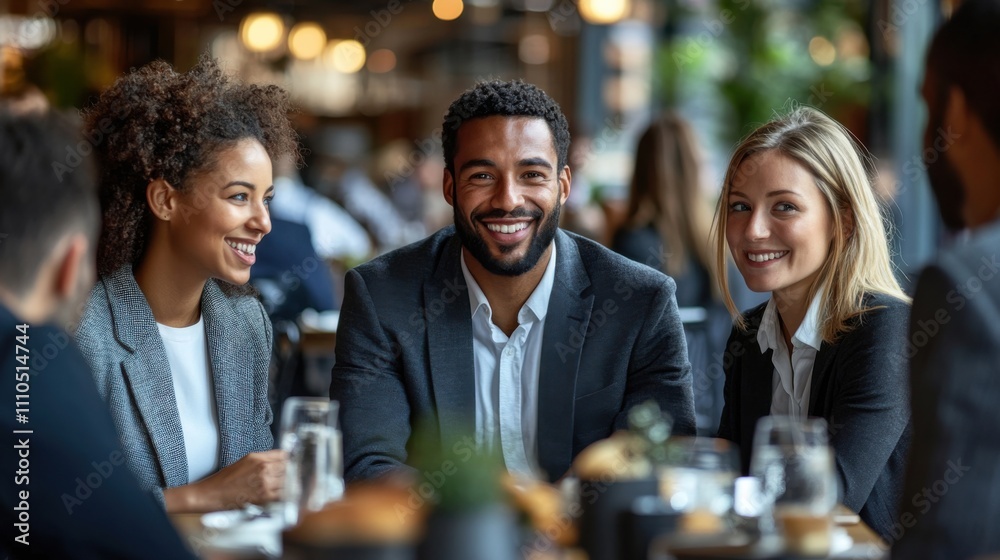 Group of professionals smiling in a modern cafe, teamwork, diversity, friendly interaction, collaborative work, casual networking, happiness, business success, vibrant atmosphere. Group of professionals smiling in a modern cafe, teamwork, diversity, friendly interaction, collaborative work, casual networking, happiness, business success, vibrant atmosphere.