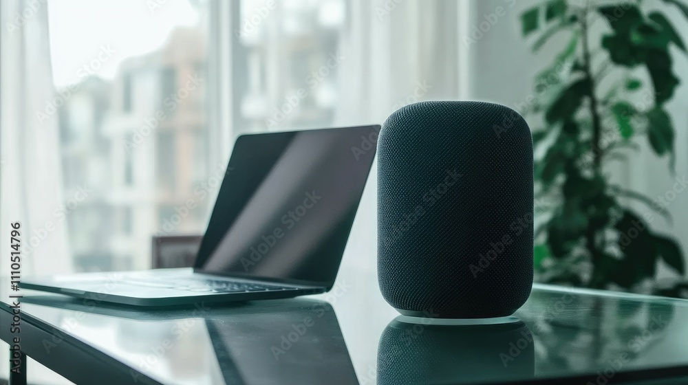 Fototapeta premium A minimalist workspace setup featuring a thin laptop and a smart speaker on a glass desk.