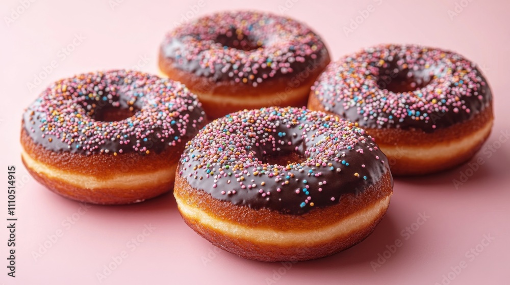 Four delicious chocolate-glazed donuts with colorful sprinkles on pink background, sweet dessert, bakery treat, pastry, food photography, indulgence, sugar craving, snack idea. Four delicious chocolate-glazed donuts with colorful sprinkles on pink background, sweet dessert, bakery treat, pastry, food photography, indulgence, sugar craving, snack idea.
