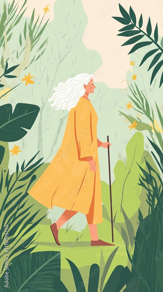Elderly woman walking in nature with cane, surrounded by lush plants and yellow flowers Elderly woman walking in nature with cane, surrounded by lush plants and yellow flowers